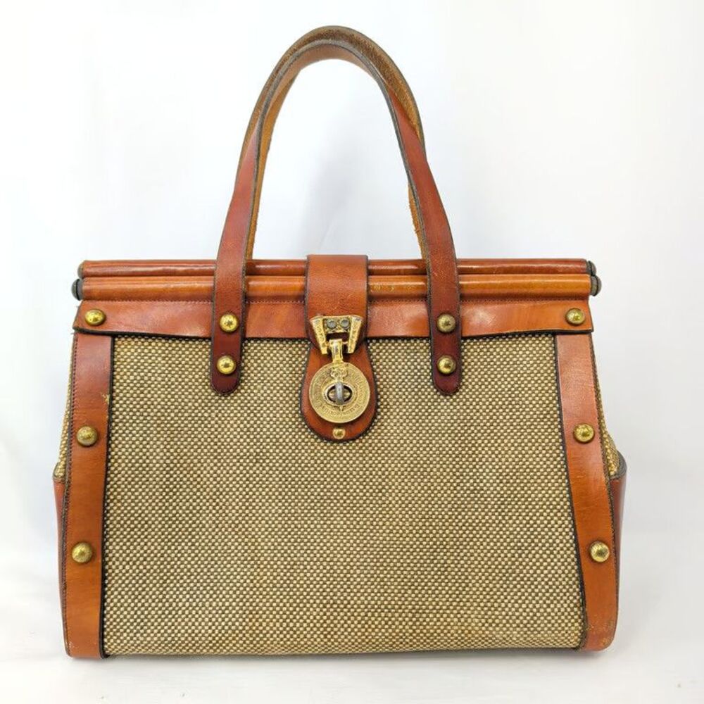 John Romain Vintage Leather Canvas Satchel Bag Je Taime Clasp Studded Brown Tan - Picture 10 of 10